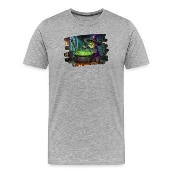 Un petit magicien prépare une potion magique dans un chaudron - T-shirt bio Premium Homme - gris chiné - Devant - Damien (186cm)
