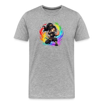 Regenbogen Ninja im Farbwirbel - Männer Premium Bio T-Shirt - Grau meliert - Vorne - Damien (186cm)