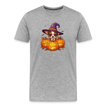Sorcière Citrouille Chihuahua d’Halloween - T-shirt bio Premium Homme - gris chiné - Devant - Damien (186cm)