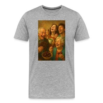 Famille joyeuse qui mange du chocolat - T-shirt bio Premium Homme - gris chiné - Devant - Damien (186cm)