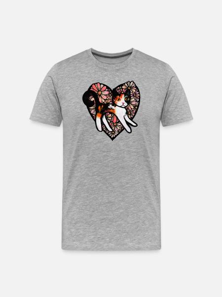 Calico-Katze im Blumenherz - Männer Premium Bio T-Shirt - Grau meliert