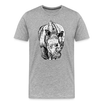 Dessin au trait du rhinocéros en noir et blanc - T-shirt bio Premium Homme - gris chiné - Devant - Damien (186cm)