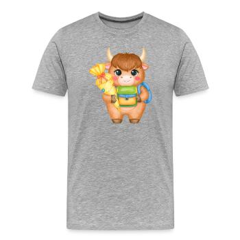 Vache Highland avec cône d’école et sacoche – École - T-shirt bio Premium Homme - gris chiné - Devant - Damien (186cm)