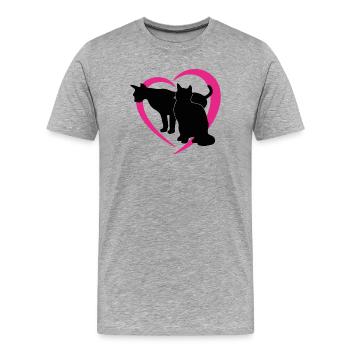 Silhouettes de chat noir avec un logo en forme de cœur rose - T-shirt bio Premium Homme - gris chiné - Devant - Damien (186cm)