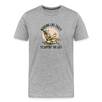 Travailler comme un fou – Humour de squelette - T-shirt bio Premium Homme - gris chiné - Devant - Damien (186cm)