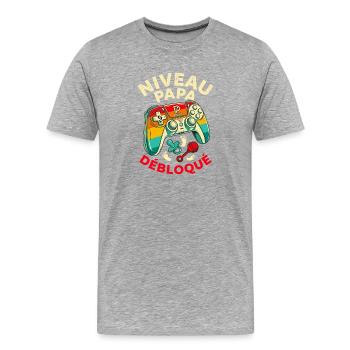Niveau Papa Débloqué - Cadeau Rétro Humour - T-shirt bio Premium Homme - gris chiné - Devant - Damien (186cm)