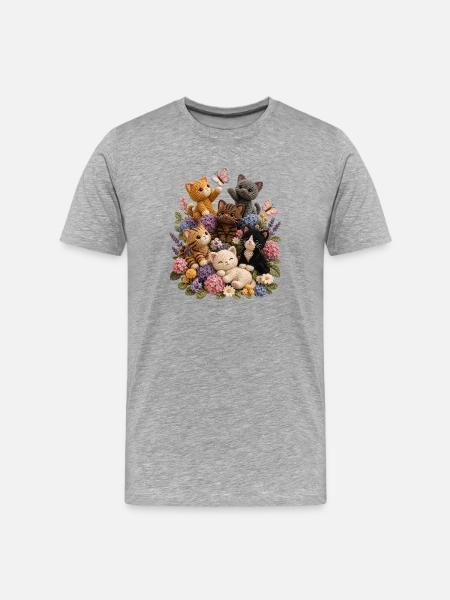 Häkelkatzen im Blumengarten - Männer Premium Bio T-Shirt - Grau meliert