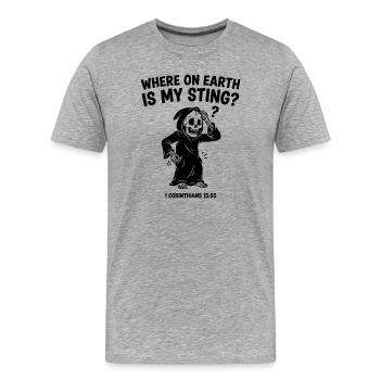 Where Is My Sting 1 Korinther 15 - Männer Premium Bio T-Shirt - Grau meliert - Vorne - Damien (186cm)
