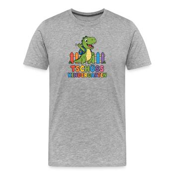 Tschüss Kindergarten – T-Rex mit Rucksack  - Männer Premium Bio T-Shirt - Grau meliert - Vorne - Damien (186cm)