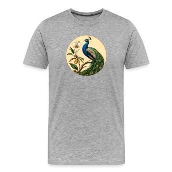Paon Bleu sur Cercle Doré Floral - T-shirt bio Premium Homme - gris chiné - Devant - Damien (186cm)