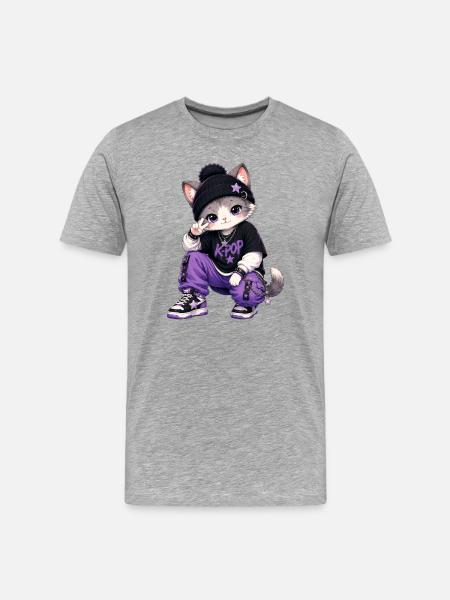 K-Pop-Katze im lila Hoodie - Männer Premium Bio T-Shirt - Grau meliert