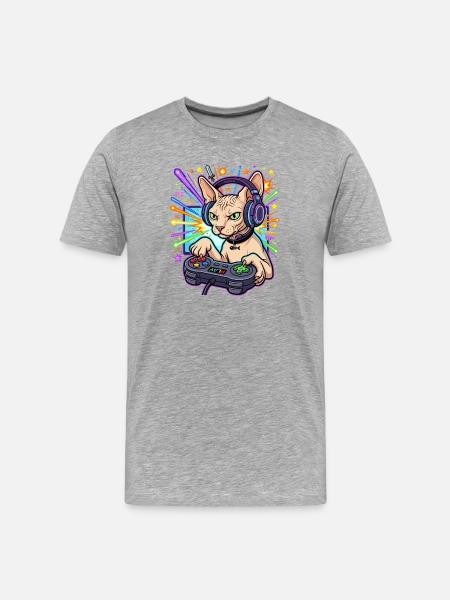 Sphynx Cat Gamer - Männer Premium Bio T-Shirt - Grau meliert