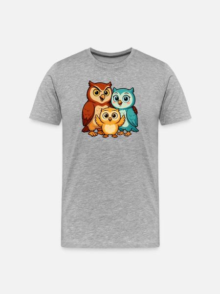 Bunte Eulenfamilie Cartoon - Männer Premium Bio T-Shirt - Grau meliert