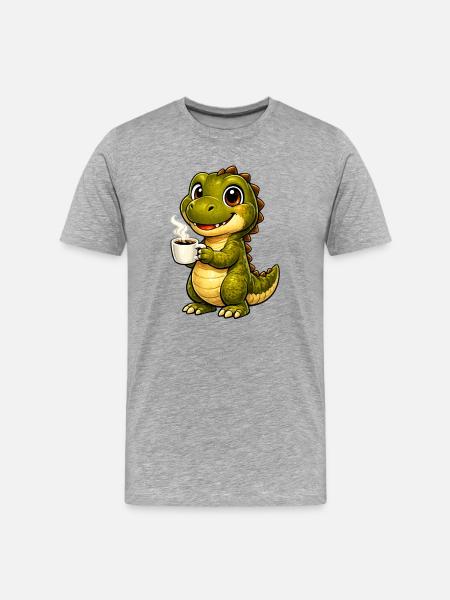 Dino mit Kaffee - Männer Premium Bio T-Shirt - Grau meliert
