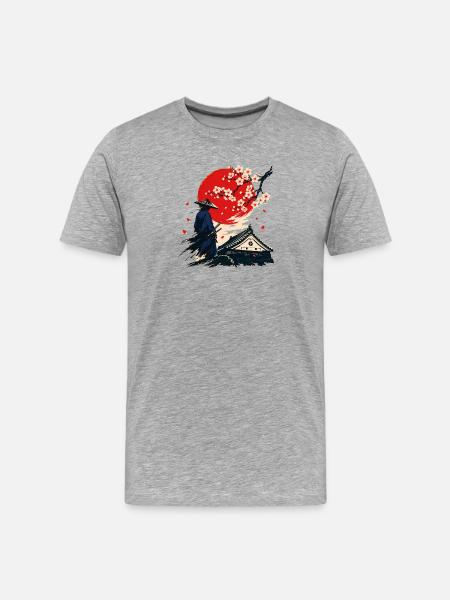 Samurai unter Kirschblüten - Männer Premium Bio T-Shirt - Grau meliert