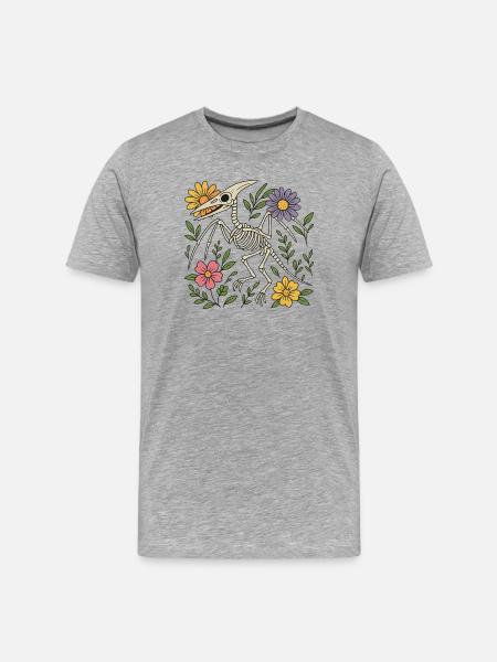 Pterodactylus Skelett mit Blumen - Männer Premium Bio T-Shirt - Grau meliert