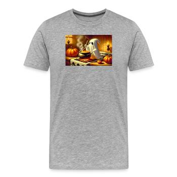 Ghost stands at the stove and cooks pumpkin soup - Men's Premium Organic T-Shirt - heather grey - Front - Damien (186cm)