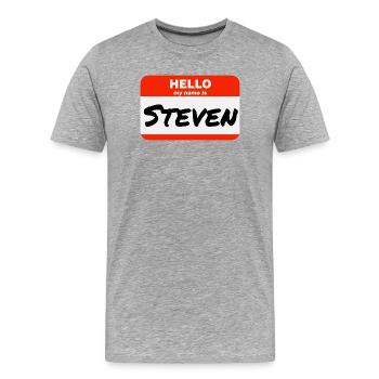 Bonjour, je m’appelle Steven Étiquette Étiquette Étiquette - T-shirt bio Premium Homme - gris chiné - Devant - Damien (186cm)