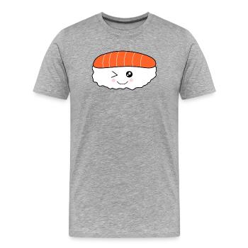 Riz Kawaii Nigiri Saumon Poisson, Rouleaux de Riz - T-shirt bio Premium Homme - gris chiné - Devant - Damien (186cm)