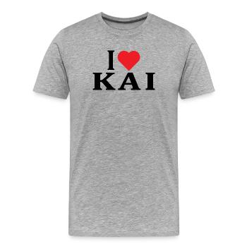 nom du t-shirt J’adore l’idée cadeau du t-shirt Kai - T-shirt bio Premium Homme - gris chiné - Devant - Damien (186cm)