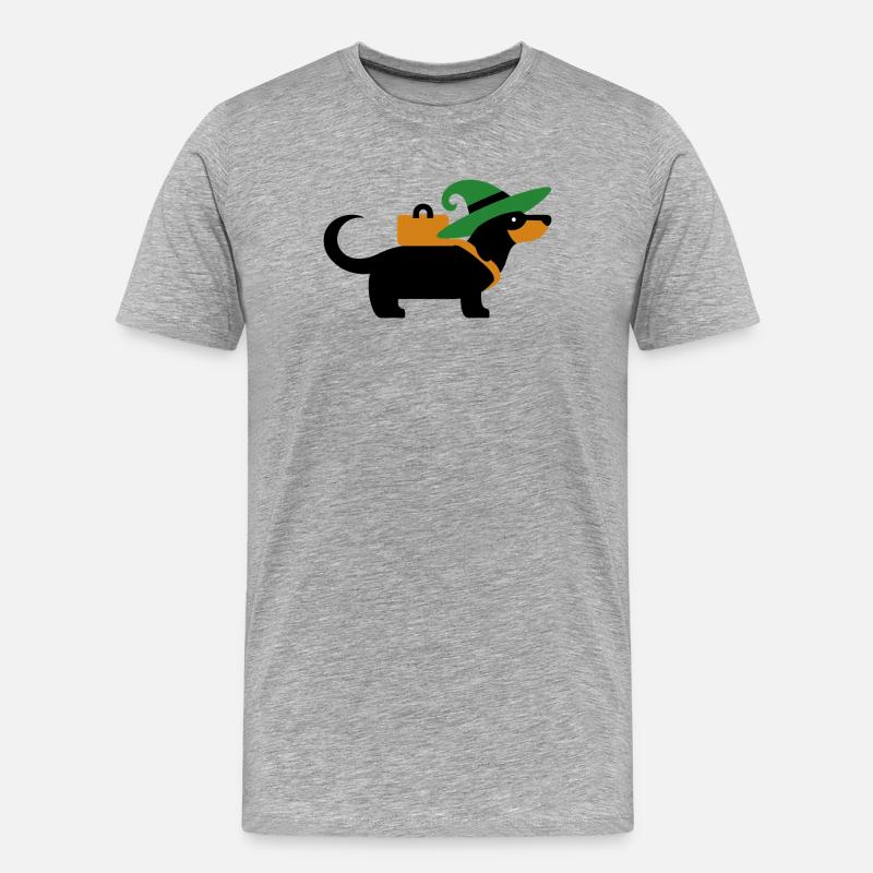 Wandernder Dackel mit Hexenhut und Tasche - Männer Premium Bio T-Shirt - Grau meliert