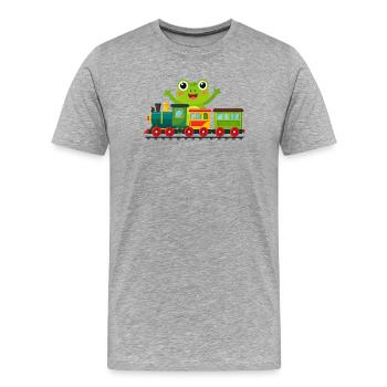 Grenouille de dessins animés verts qui acclame avec un train jouet - T-shirt bio Premium Homme - gris chiné - Devant - Damien (186cm)