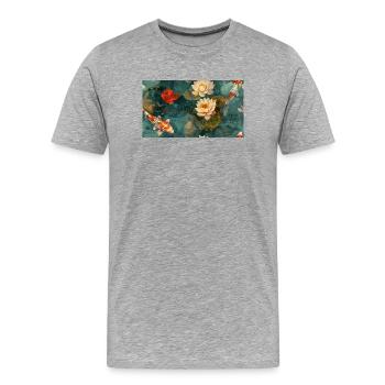 Koi und Lotusblüten auf blaugrünem Wasser - Männer Premium Bio T-Shirt - Grau meliert - Vorne - Damien (186cm)