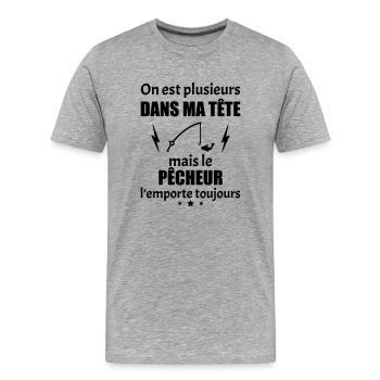 On est plusieurs dans ma tête Pêcheur,pêche - T-shirt bio Premium Homme - gris chiné - Devant - Damien (186cm)