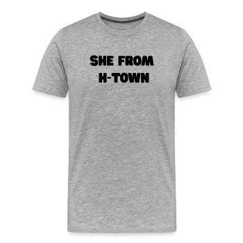She From H- Town Slogan - Männer Premium Bio T-Shirt - Grau meliert - Vorne - Damien (186cm)