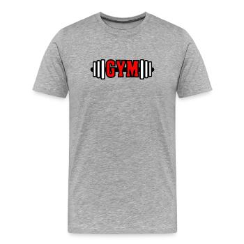 Texte rouge 'GYM' gym emblème de gymnase - T-shirt bio Premium Homme - gris chiné - Devant - Damien (186cm)