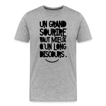 Un grand sourire vaut mieux qu’un long discours - T-shirt bio Premium Homme - gris chiné - Devant - Damien (186cm)