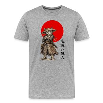 Chat Ronin Samouraï sous le Soleil Rouge - T-shirt bio Premium Homme - gris chiné - Devant - Damien (186cm)