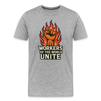 Fists and flames – Arbeiterwelt Unite - Men's Premium Organic T-Shirt - heather grey - Front - Damien (186cm)