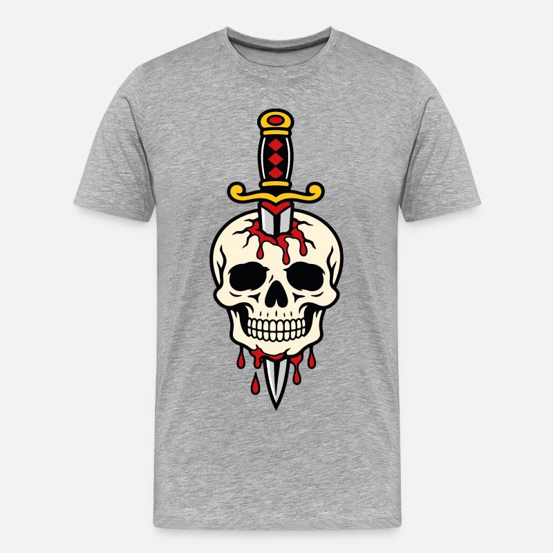 Schädel mit einem Tattoo-Dolch durchbohrt - Männer Premium Bio T-Shirt - Grau meliert
