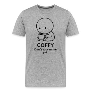 Coffy – Ne me parle pas encore | Ambiance café - T-shirt bio Premium Homme - gris chiné - Devant - Damien (186cm)