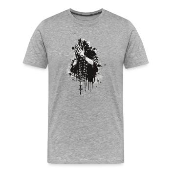 Mains de prière Rosaire noir et blanc - T-shirt bio Premium Homme - gris chiné - Devant - Damien (186cm)