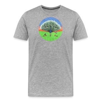Zwei Vögel spielen auf den Federn eines Pfaus - Männer Premium Bio T-Shirt - Grau meliert - Vorne - Damien (186cm)