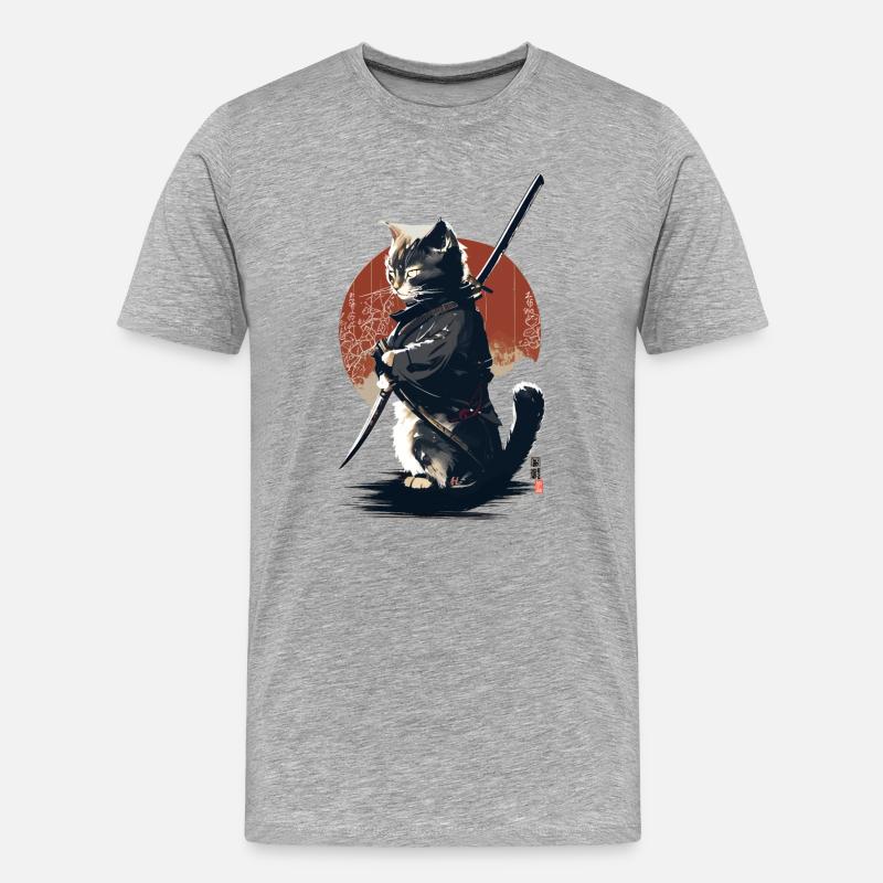 Kawaii Neko Samurai : Katzen-Samurai - Männer Premium Bio T-Shirt - Grau meliert