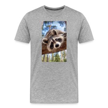 Neugieriger Waschbär am Baumast - Männer Premium Bio T-Shirt - Grau meliert - Vorne - Damien (186cm)