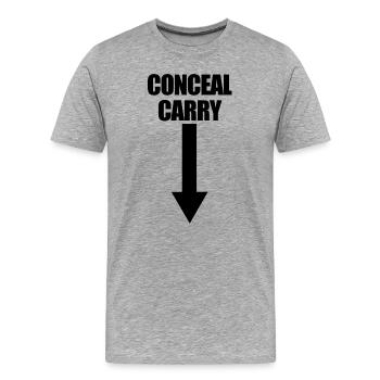 Blagues drôles sur le port d’armes dissimulées - T-shirt bio Premium Homme - gris chiné - Devant - Damien (186cm)