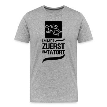 Zuerst am Tatort Polizei Kripo Geschenk Spruch - Männer Premium Bio T-Shirt - Grau meliert - Vorne - Damien (186cm)