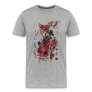 Katze Samurai Lustiges Geschenk - Männer Premium Bio T-Shirt - Grau meliert - Vorne - Damien (186cm)
