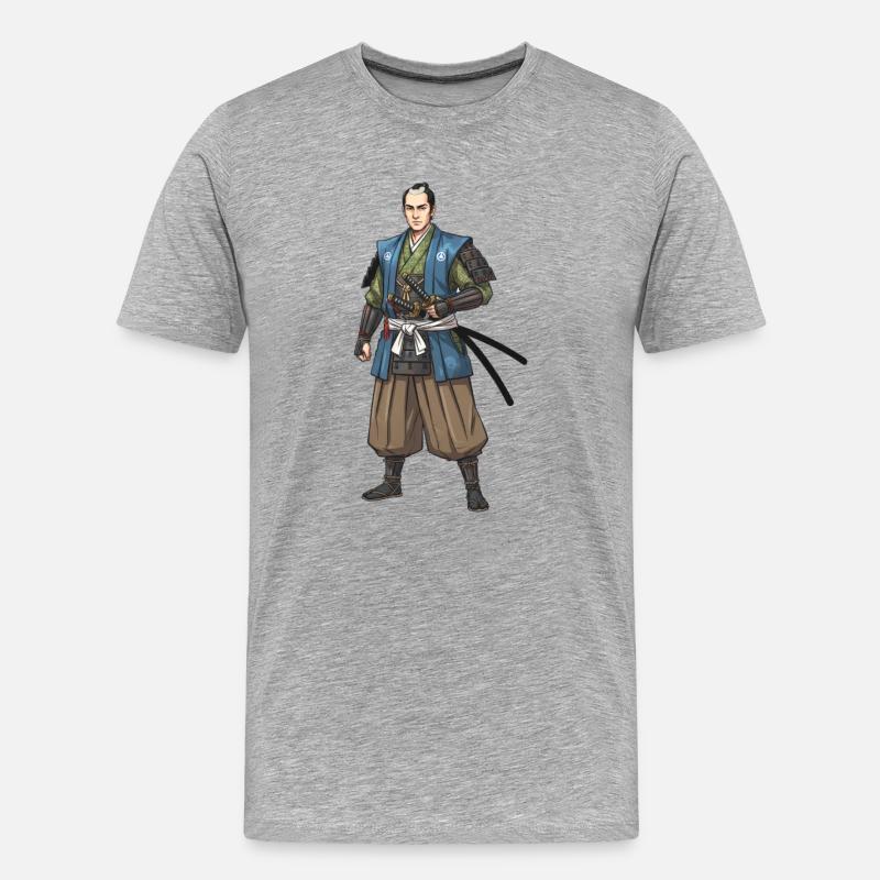 Edo Samurai in blauer Jacke - Männer Premium Bio T-Shirt - Grau meliert
