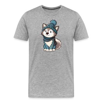 Loup mignon avec écharpe et chapeau à pompon. - T-shirt bio Premium Homme - gris chiné - Devant - Damien (186cm)