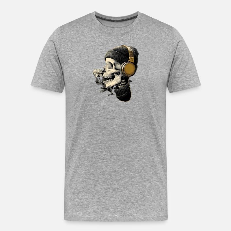 Kopfhörer-Skull mit Blume - Männer Premium Bio T-Shirt - Grau meliert
