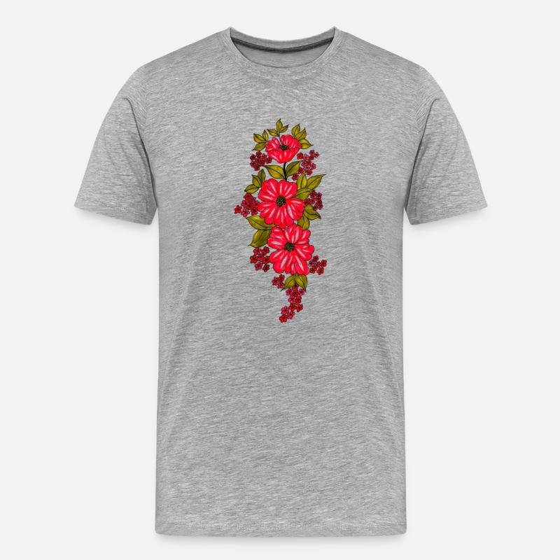 Rote Blütenkaskade mit Blättern - Männer Premium Bio T-Shirt - Grau meliert