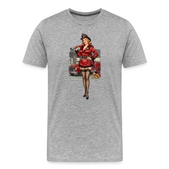 Pompier pin-up en rouge - T-shirt bio Premium Homme - gris chiné - Devant - Damien (186cm)