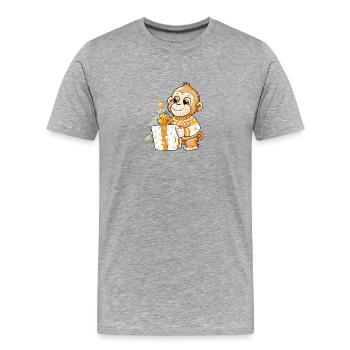 Niedlicher Affe packt Geschenk aus - Männer Premium Bio T-Shirt - Grau meliert - Vorne - Damien (186cm)