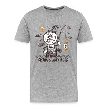 Drôle de bonhomme allumette dessin pêche et bière - T-shirt bio Premium Homme - gris chiné - Devant - Damien (186cm)