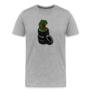 Tyrannosaurus Rex in Autoreifen T Rex Dino Umwelt - Männer Premium Bio T-Shirt - Grau meliert - Vorne - Damien (186cm)